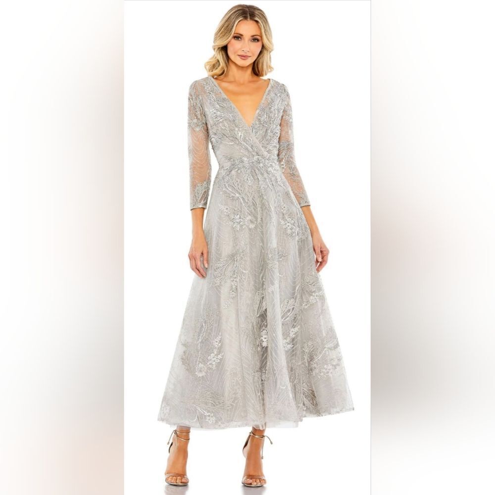 Mac Duggal Embellished Wrap Over 3/4 Sleeve Dress Nwot Sz 16 Platinum (20336)
